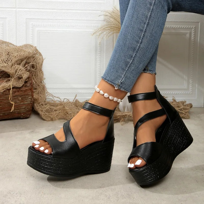 Talia Women's Black Platform Wedge Sandals - Lightweight Casual Fashion
