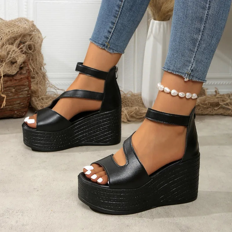 Talia Women's Black Platform Wedge Sandals - Lightweight Casual Fashion